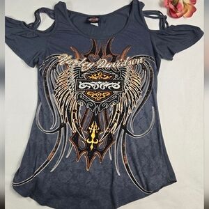 Harley-Davidson Women's Cold Shoulder Graphic Tee in Charcoal
